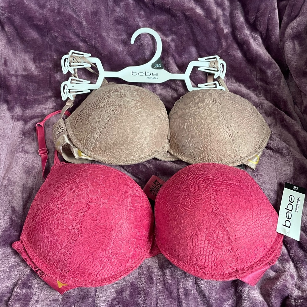 Bebe Pink and Tan Bras with Padded Cups and Underwire 38 c mega push up